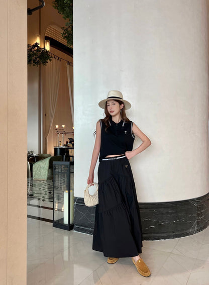 Prada Triangle Logo Webbing Waistband Flared Skirt