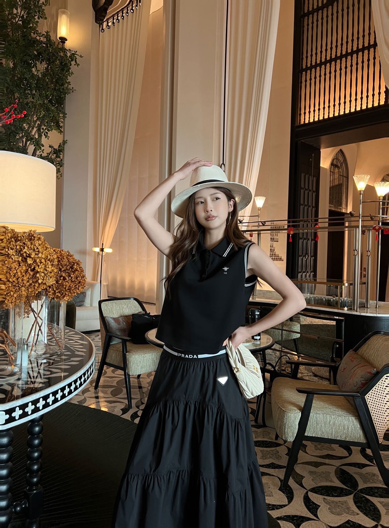 Prada Triangle Logo Webbing Waistband Flared Skirt