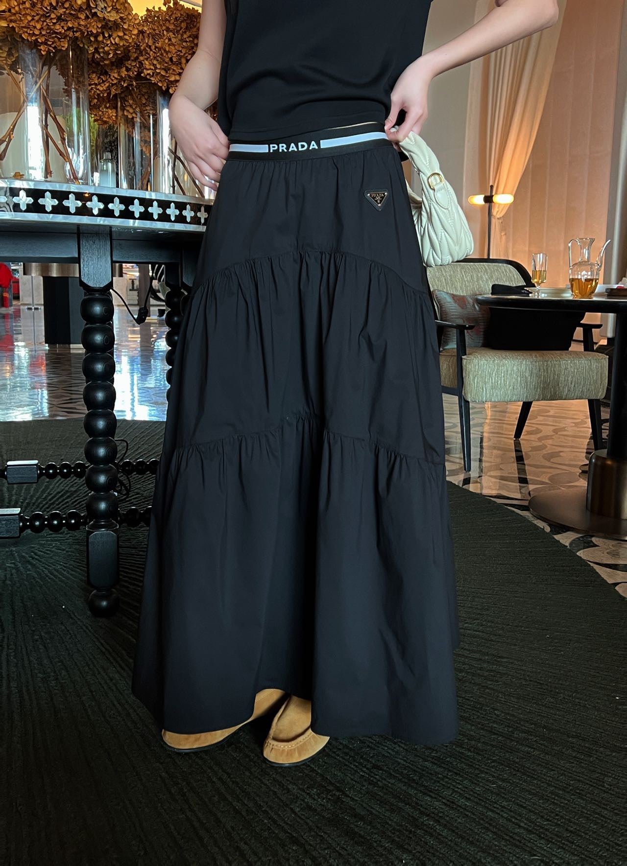 Prada Triangle Logo Webbing Waistband Flared Skirt