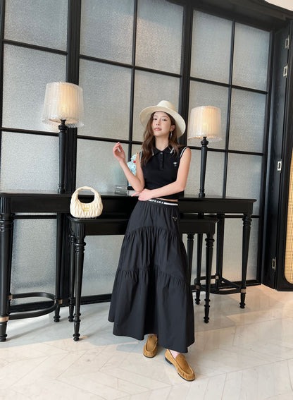 Prada Triangle Logo Webbing Waistband Flared Skirt