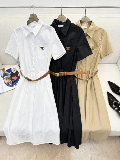 Celine Triomphe Embroidered Lapel Short-Sleeved Dress