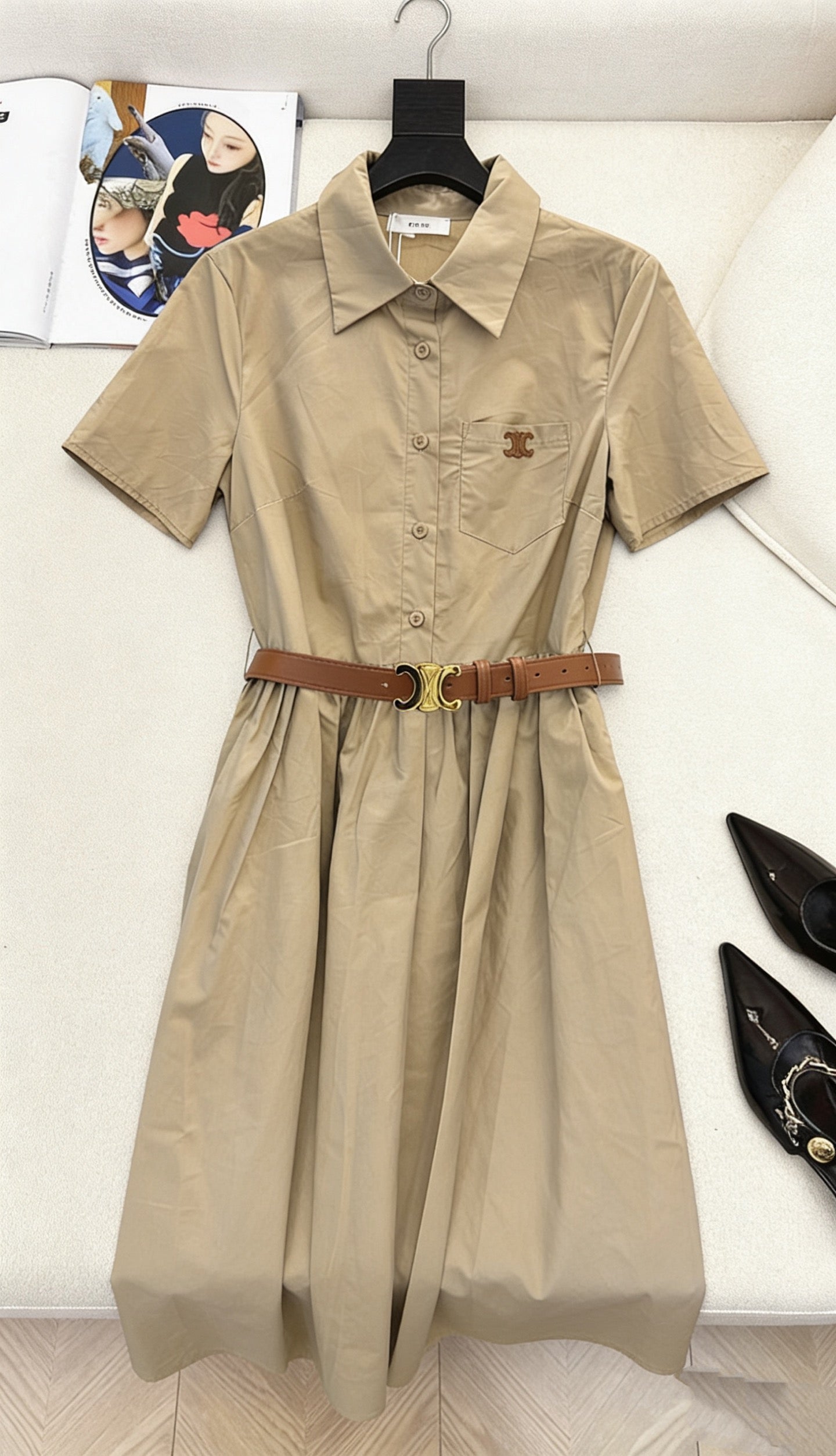 Celine Triomphe Embroidered Lapel Short-Sleeved Dress