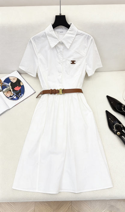 Celine Triomphe Embroidered Lapel Short-Sleeved Dress