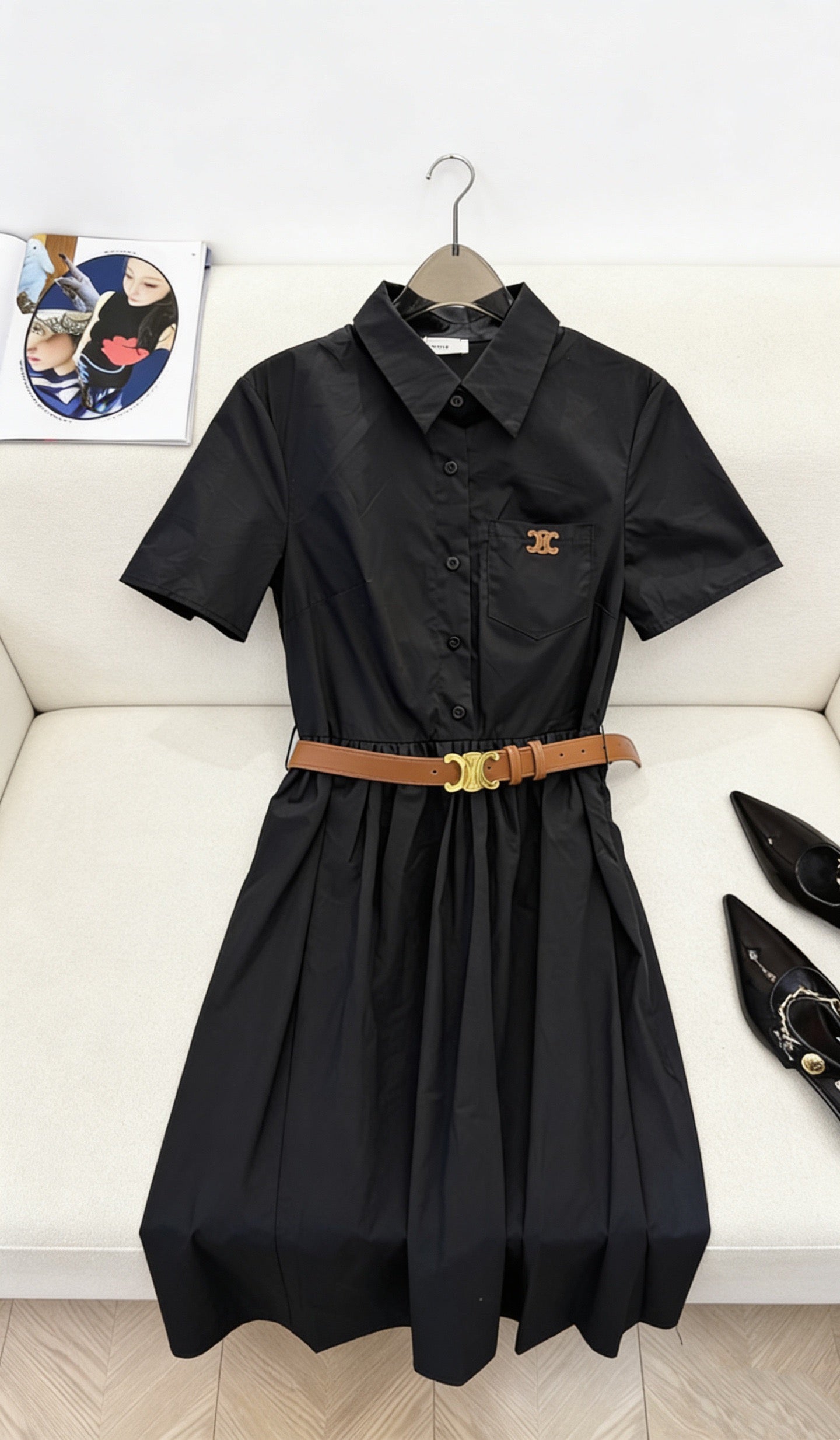 Celine Triomphe Embroidered Lapel Short-Sleeved Dress