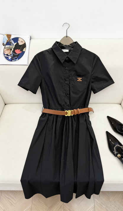 Celine Triomphe Embroidered Lapel Short-Sleeved Dress