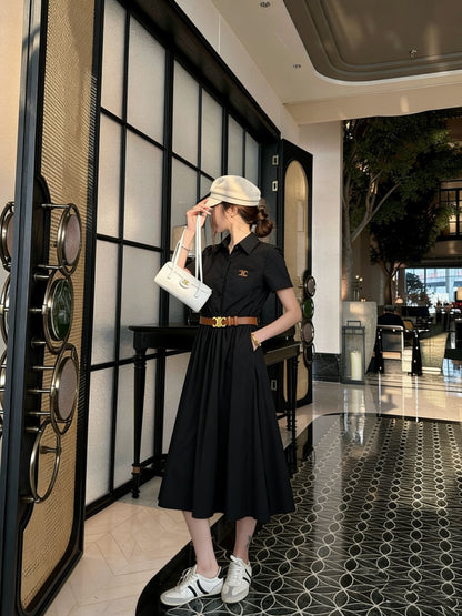 Celine Triomphe Embroidered Lapel Short-Sleeved Dress