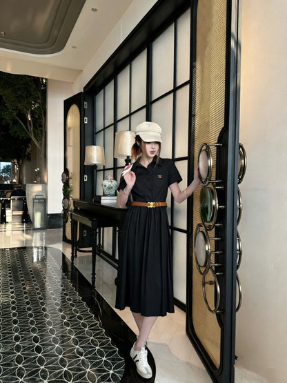 Celine Triomphe Embroidered Lapel Short-Sleeved Dress