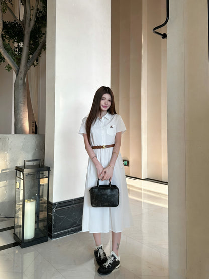 Celine Triomphe Embroidered Lapel Short-Sleeved Dress