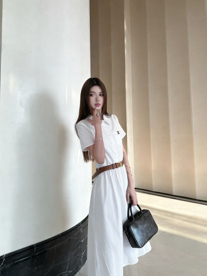 Celine Triomphe Embroidered Lapel Short-Sleeved Dress