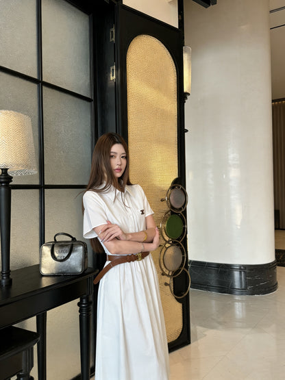 Celine Triomphe Embroidered Lapel Short-Sleeved Dress