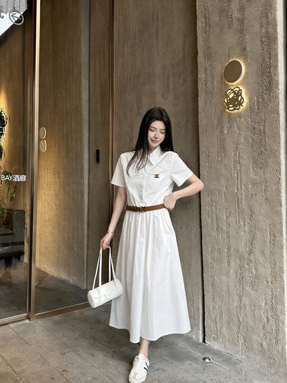 Celine Triomphe Embroidered Lapel Short-Sleeved Dress