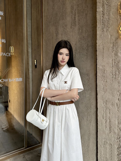 Celine Triomphe Embroidered Lapel Short-Sleeved Dress