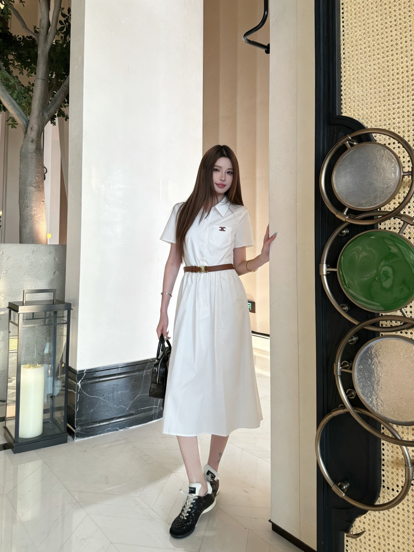 Celine Triomphe Embroidered Lapel Short-Sleeved Dress