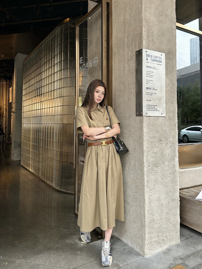 Celine Triomphe Embroidered Lapel Short-Sleeved Dress