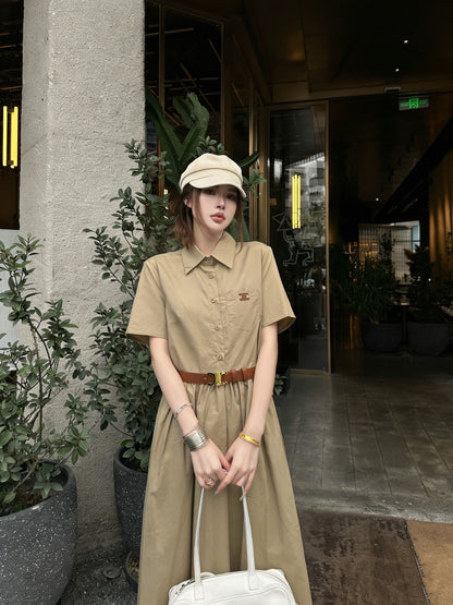 Celine Triomphe Embroidered Lapel Short-Sleeved Dress