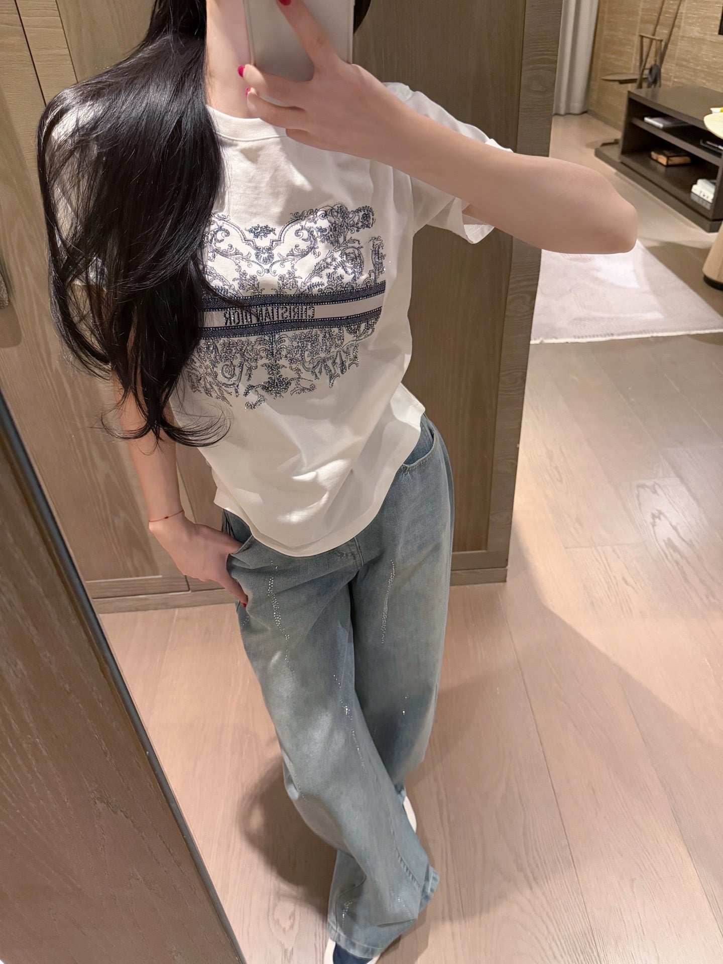 Dior Butterfly and Letter Print Rhinestone T-Shirt