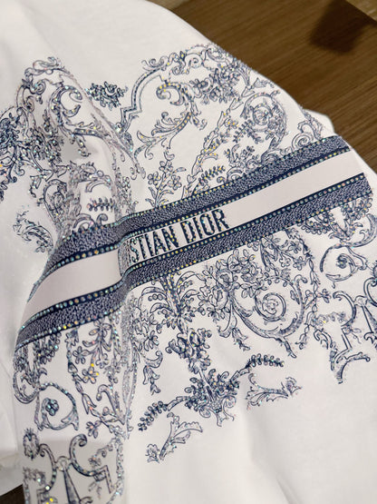 Dior Butterfly and Letter Print Rhinestone T-Shirt