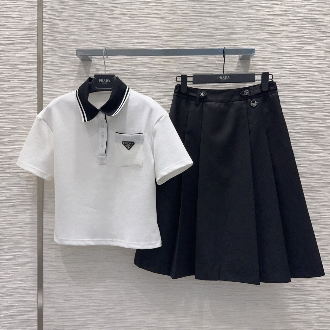 Prada Letter Triangle Logo Pleated Skirt Set