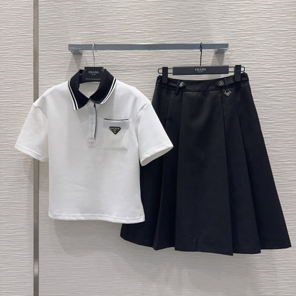 Prada Letter Triangle Logo Pleated Skirt Set