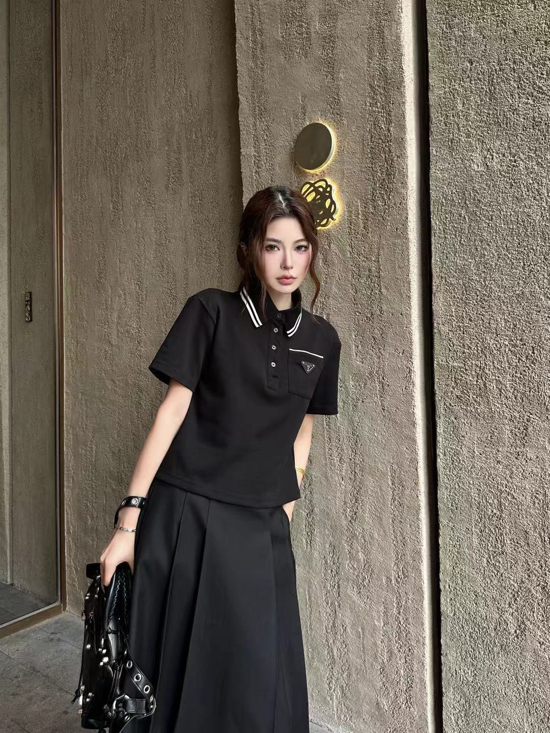 Prada Letter Triangle Logo Pleated Skirt Set