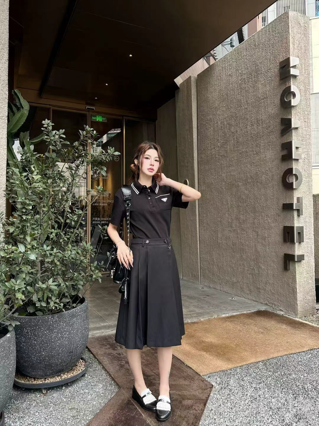 Prada Letter Triangle Logo Pleated Skirt Set