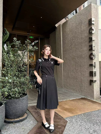 Prada Letter Triangle Logo Pleated Skirt Set