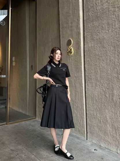 Prada Letter Triangle Logo Pleated Skirt Set