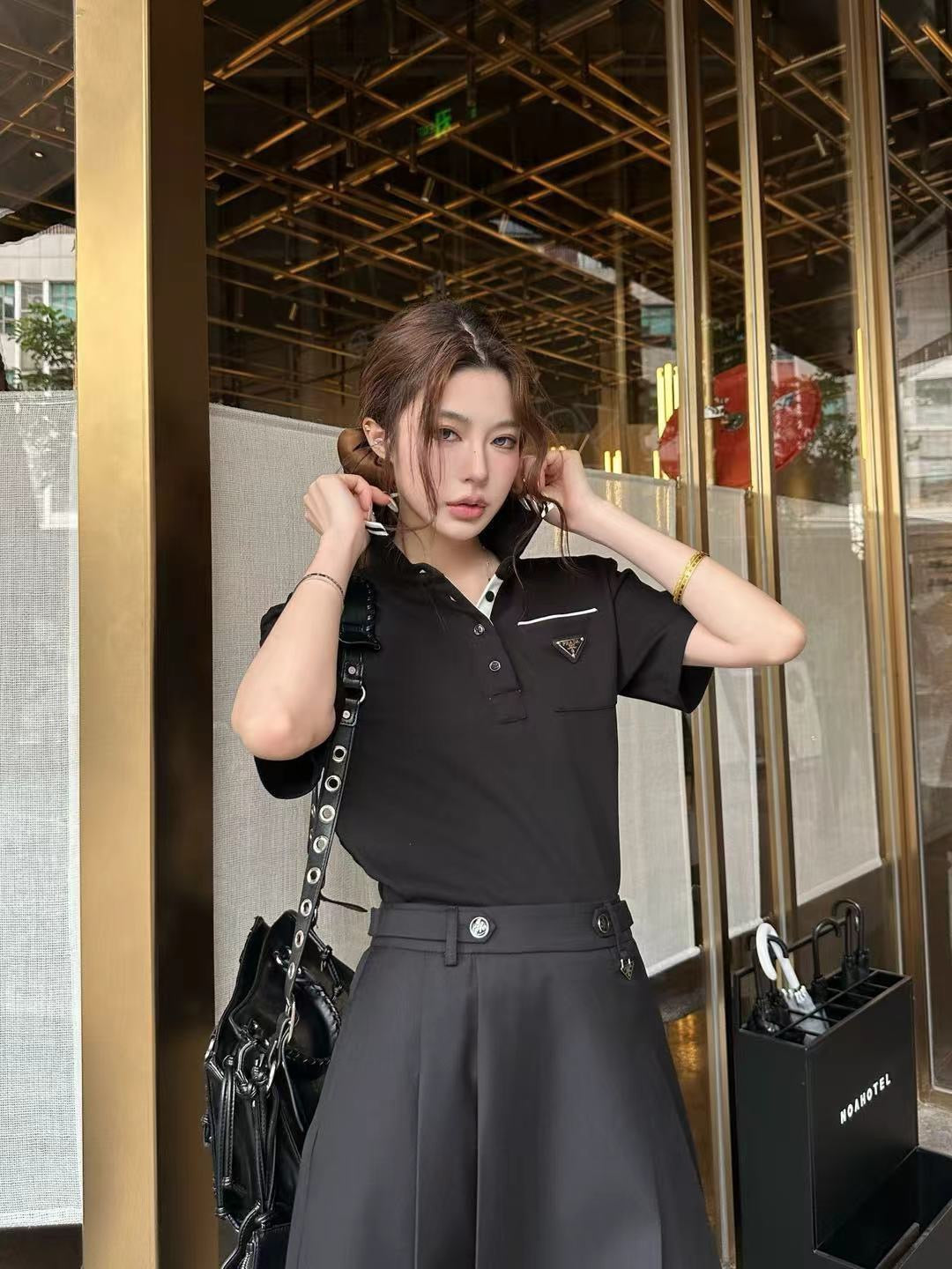 Prada Letter Triangle Logo Pleated Skirt Set