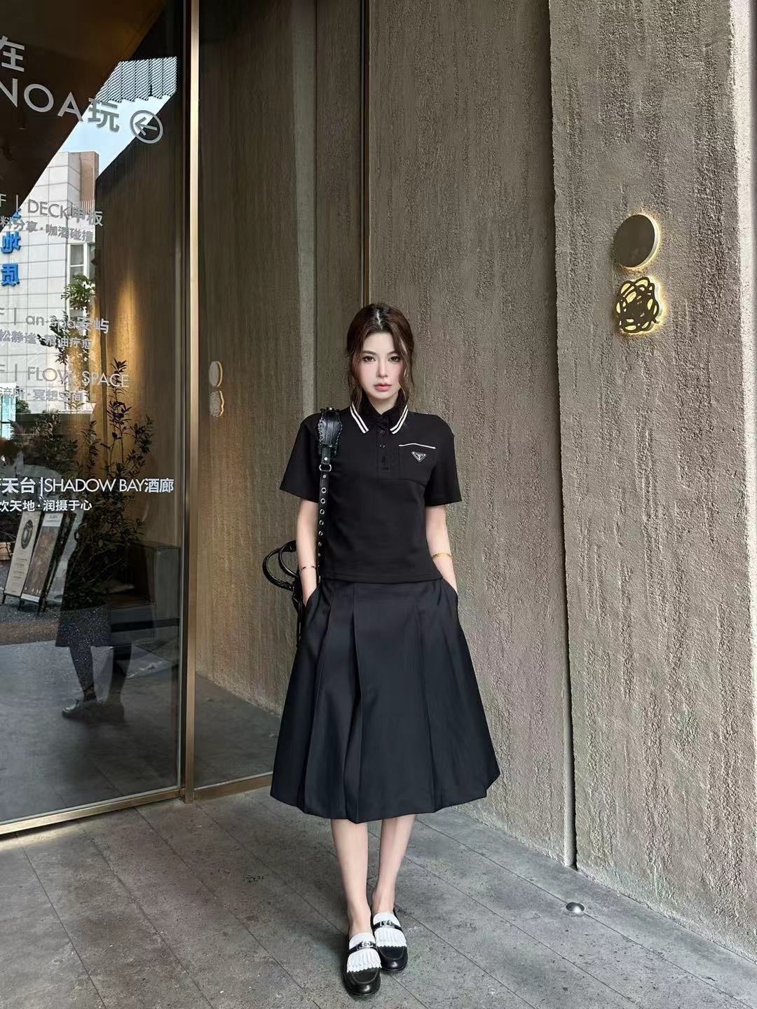 Prada Letter Triangle Logo Pleated Skirt Set