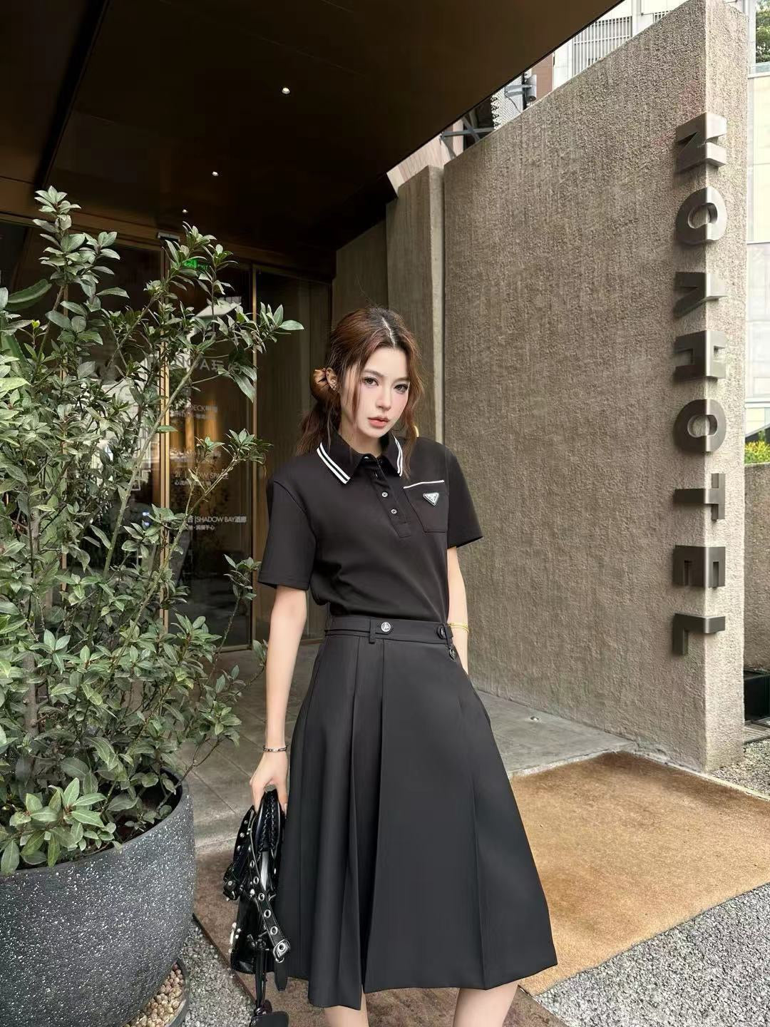 Prada Letter Triangle Logo Pleated Skirt Set