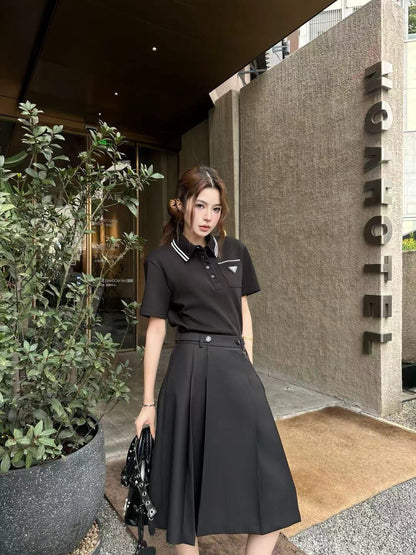 Prada Letter Triangle Logo Pleated Skirt Set