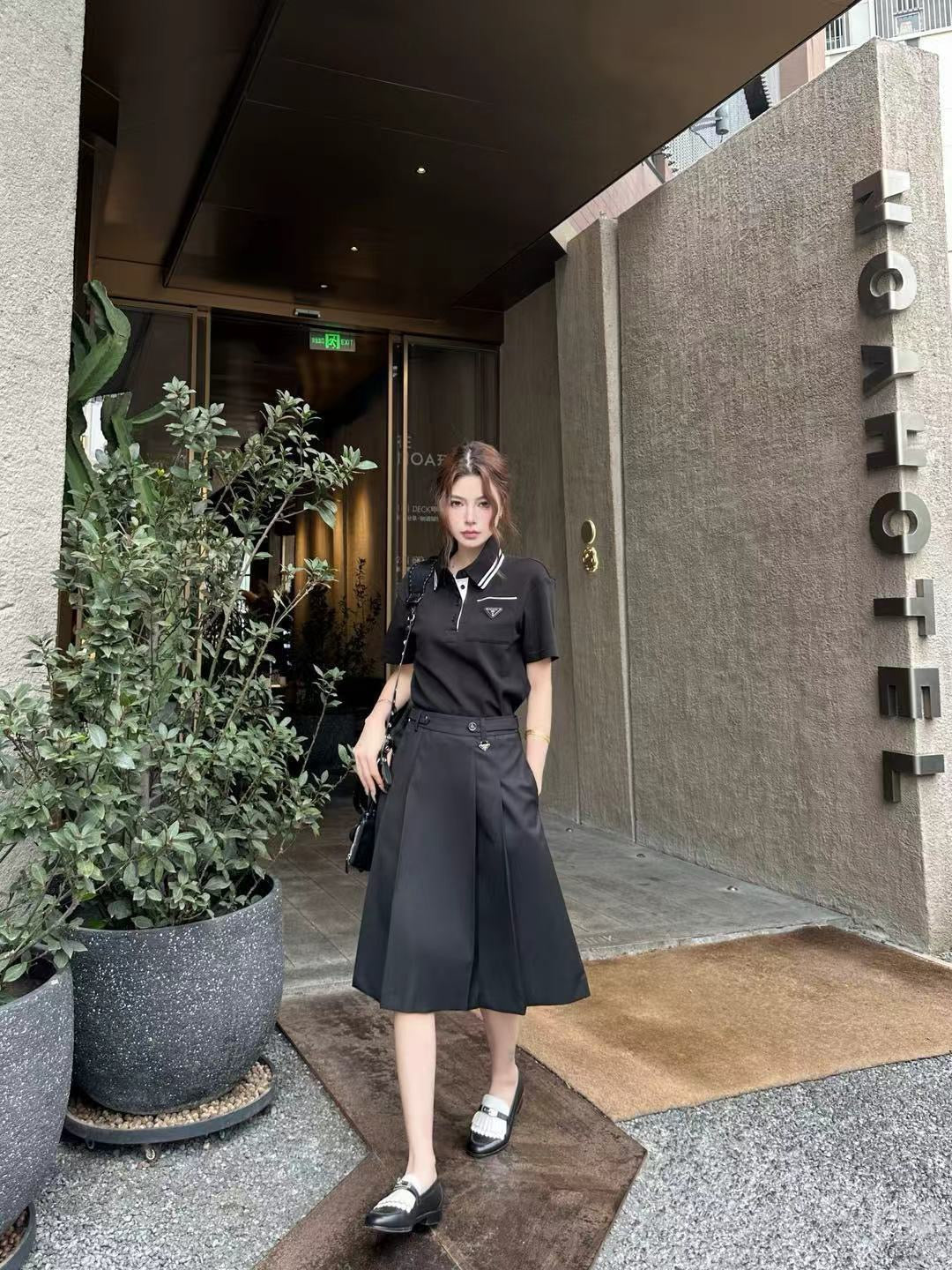 Prada Letter Triangle Logo Pleated Skirt Set