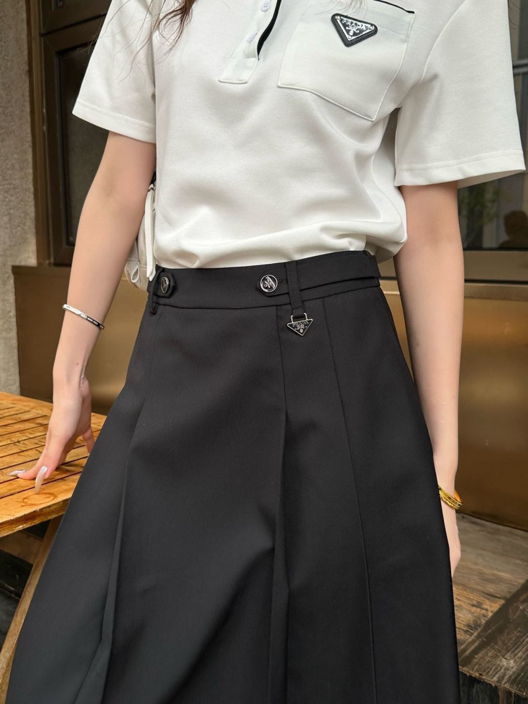 Prada Letter Triangle Logo Pleated Skirt Set