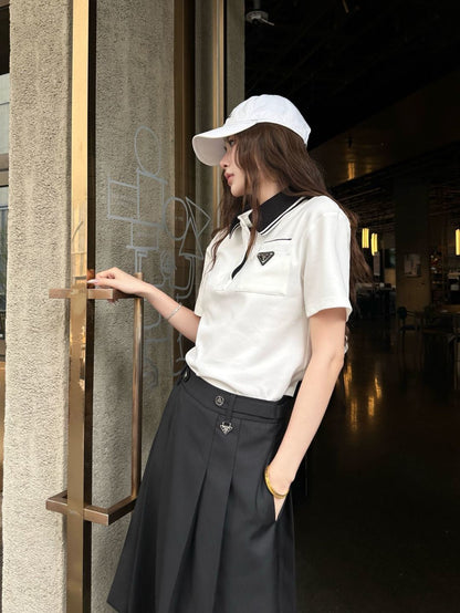 Prada Letter Triangle Logo Pleated Skirt Set