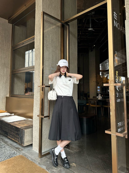Prada Letter Triangle Logo Pleated Skirt Set