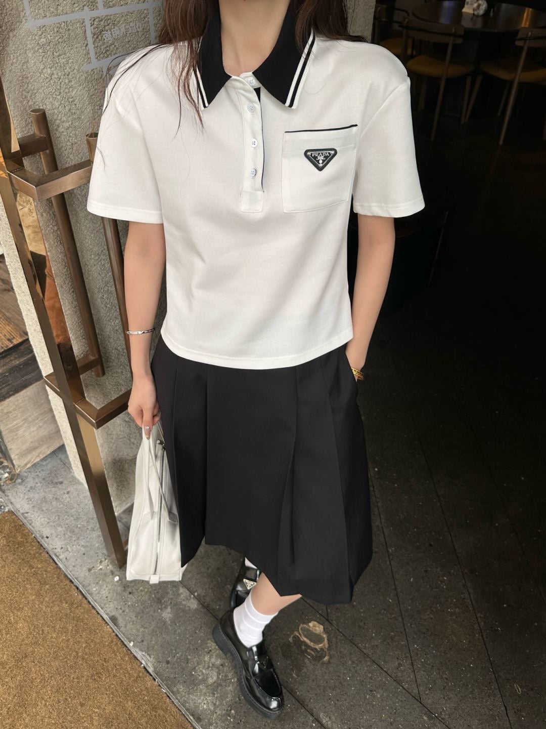 Prada Letter Triangle Logo Pleated Skirt Set