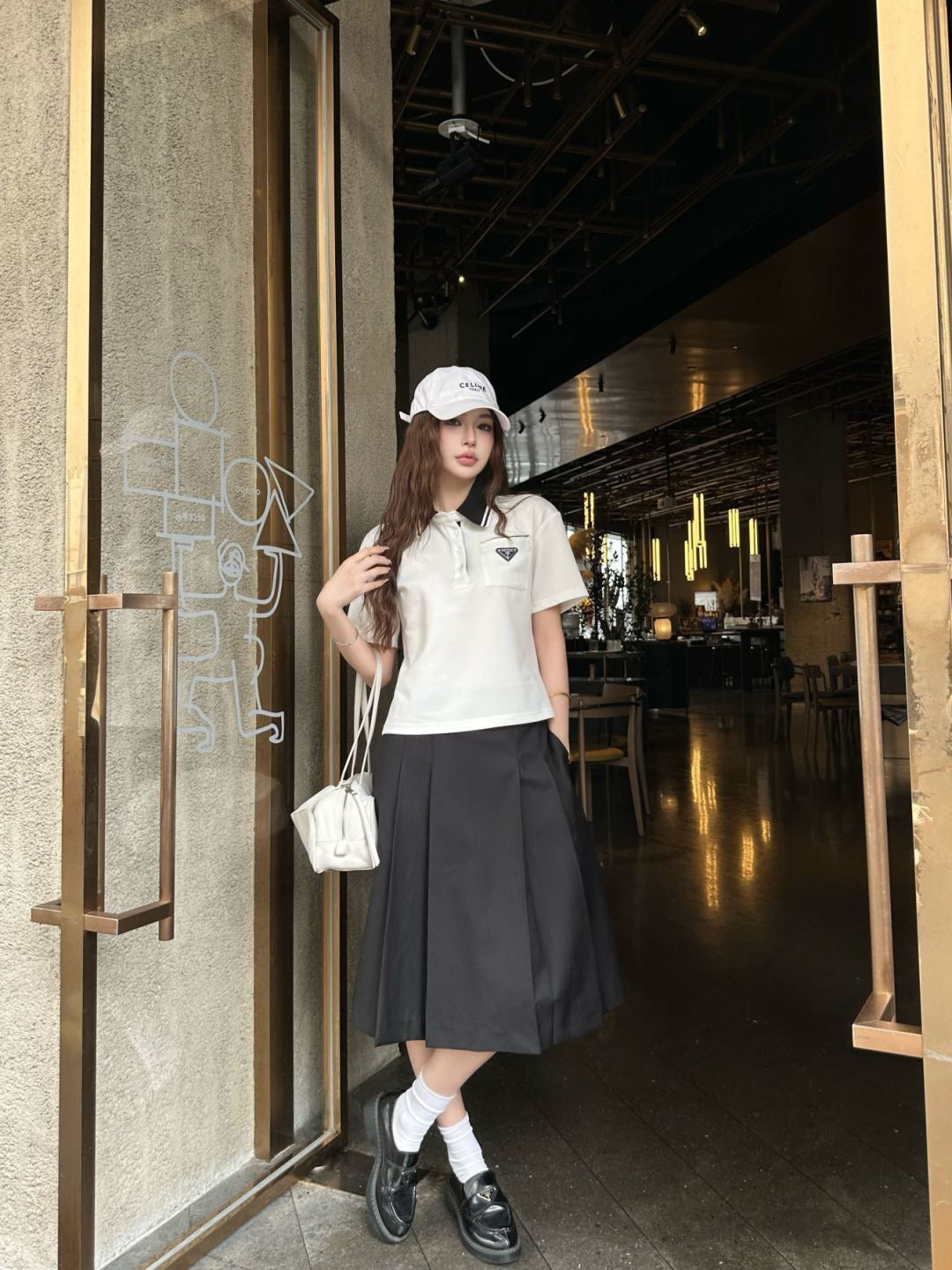 Prada Letter Triangle Logo Pleated Skirt Set