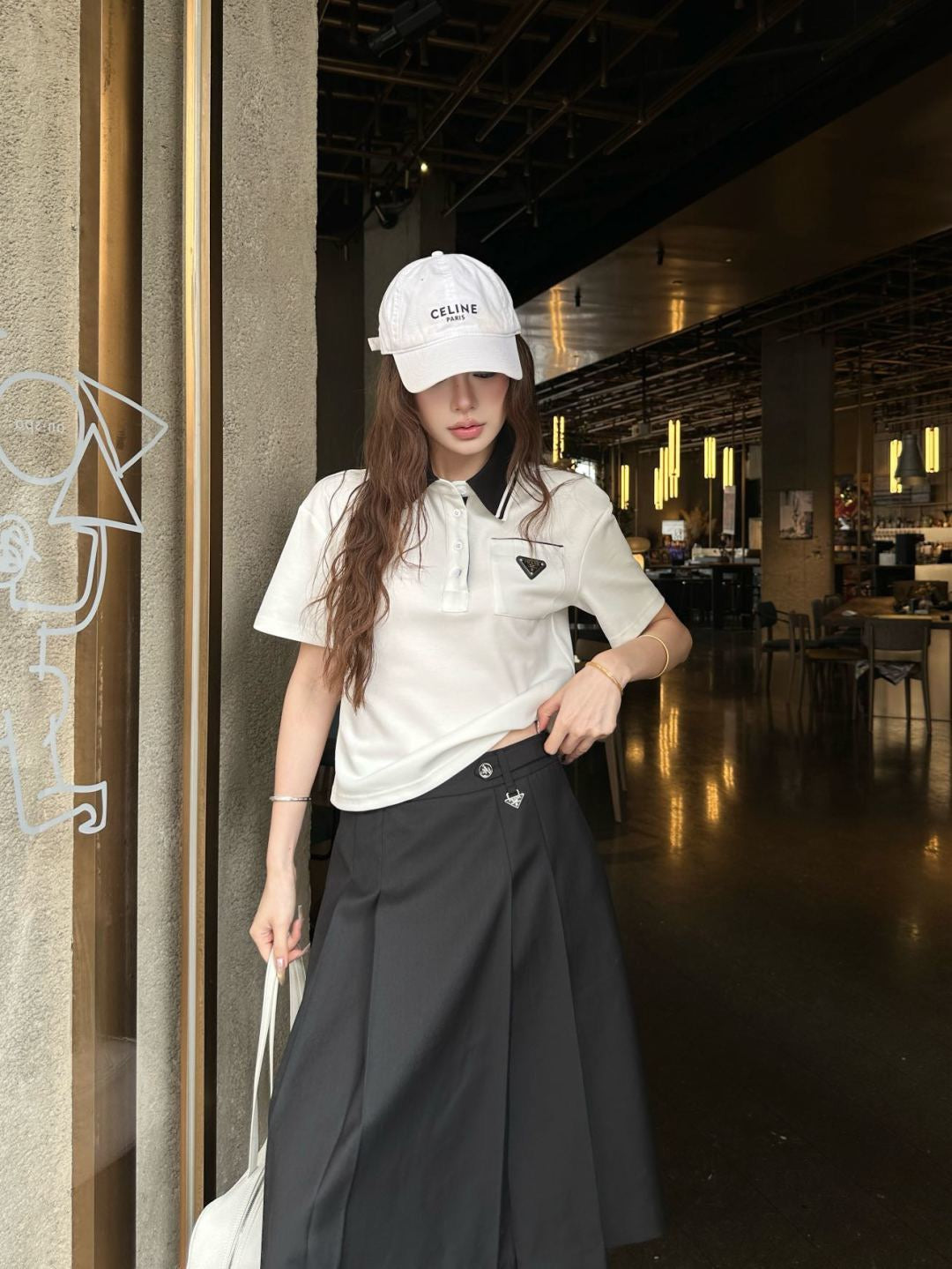 Prada Letter Triangle Logo Pleated Skirt Set