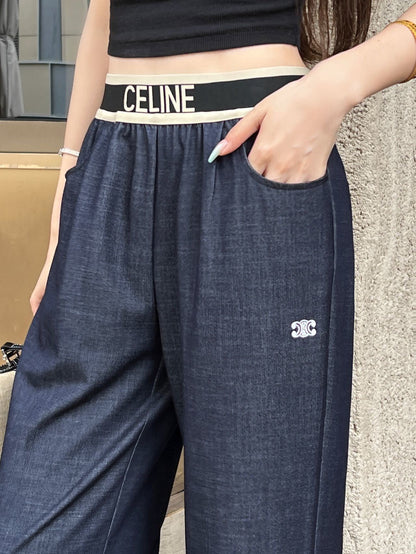 Celine Triomphe Embroidered Wide-Leg Jeans