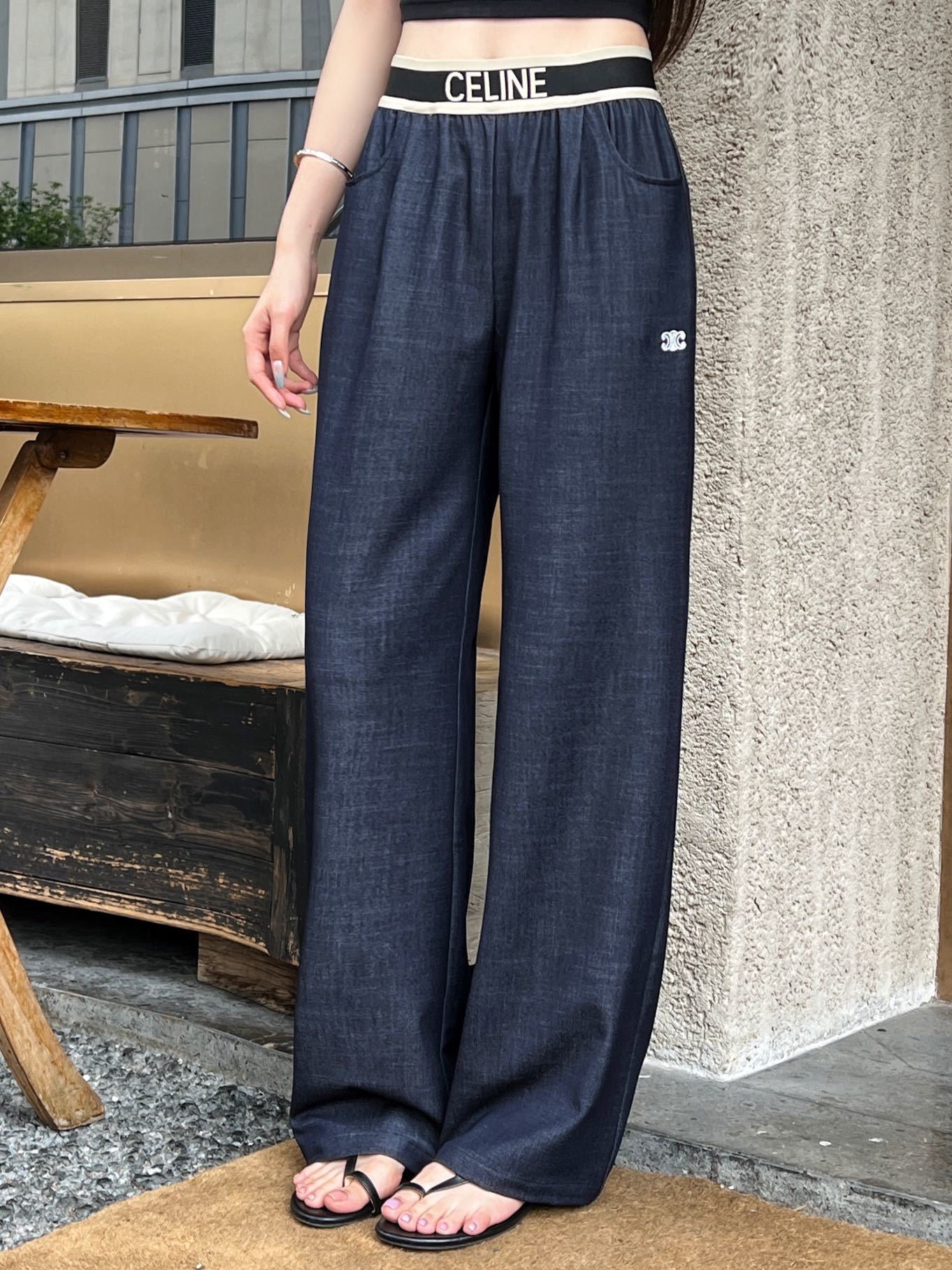 Celine Triomphe Embroidered Wide-Leg Jeans