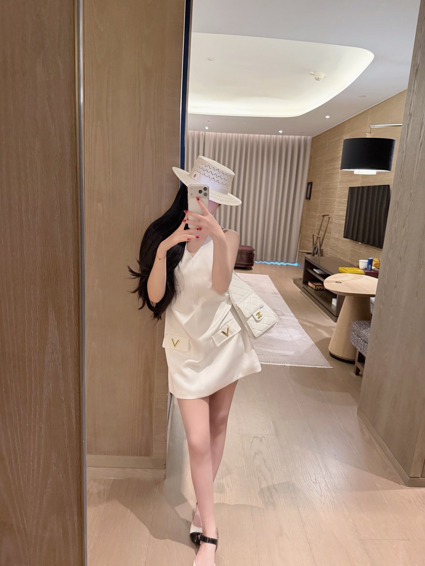 Valentino V-Neck Satin Dress with V Logo Detail