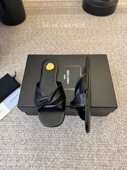 Saint Laurent Lee Square Toe Cross-Strap Slides