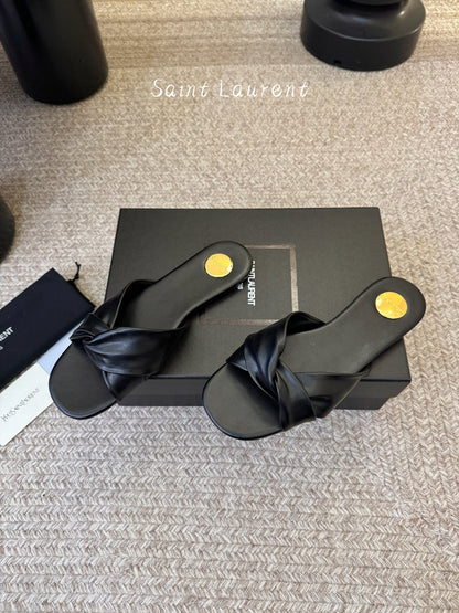 Saint Laurent Lee Square Toe Cross-Strap Slides