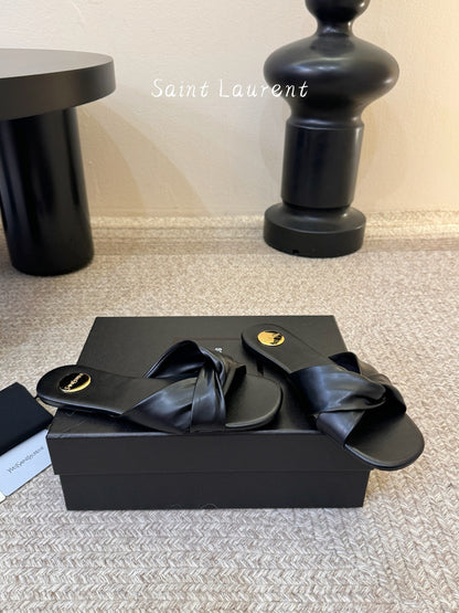 Saint Laurent Lee Square Toe Cross-Strap Slides