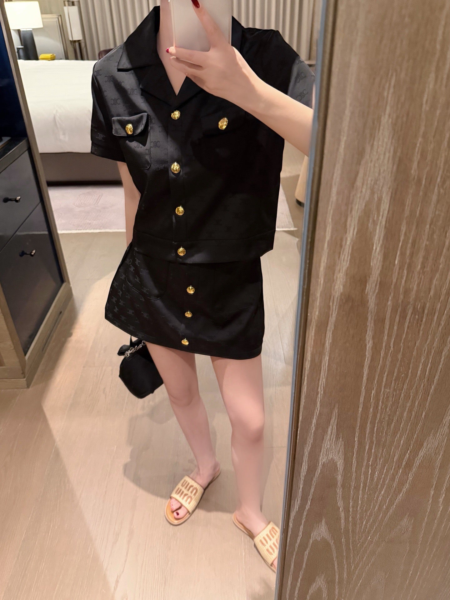 Celine Triomphe Jacquard Satin Short-Sleeved Blazer and Skirt Set