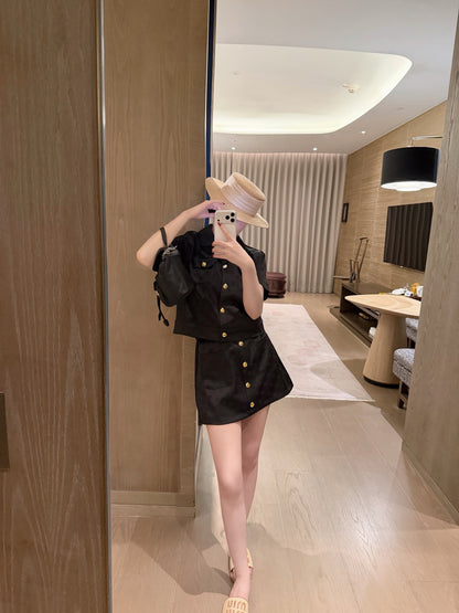 Celine Triomphe Jacquard Satin Short-Sleeved Blazer and Skirt Set