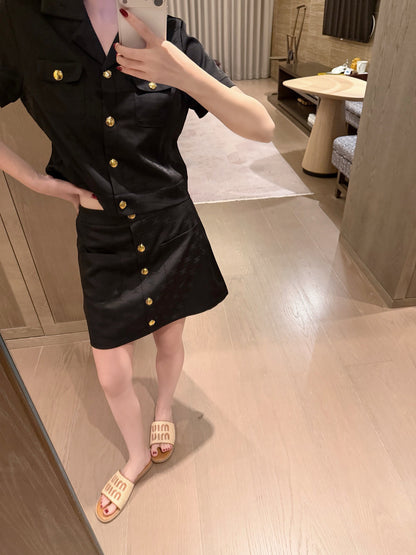 Celine Triomphe Jacquard Satin Short-Sleeved Blazer and Skirt Set