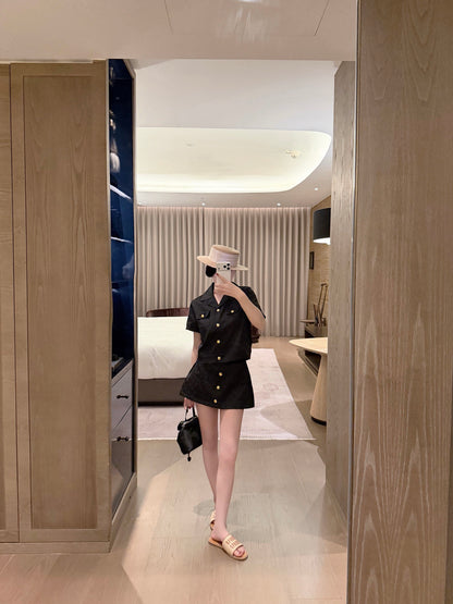 Celine Triomphe Jacquard Satin Short-Sleeved Blazer and Skirt Set