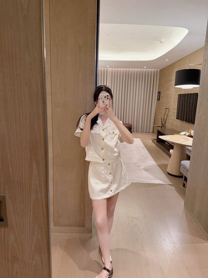 Celine Triomphe Jacquard Satin Short-Sleeved Blazer and Skirt Set