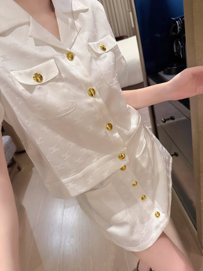 Celine Triomphe Jacquard Satin Short-Sleeved Blazer and Skirt Set